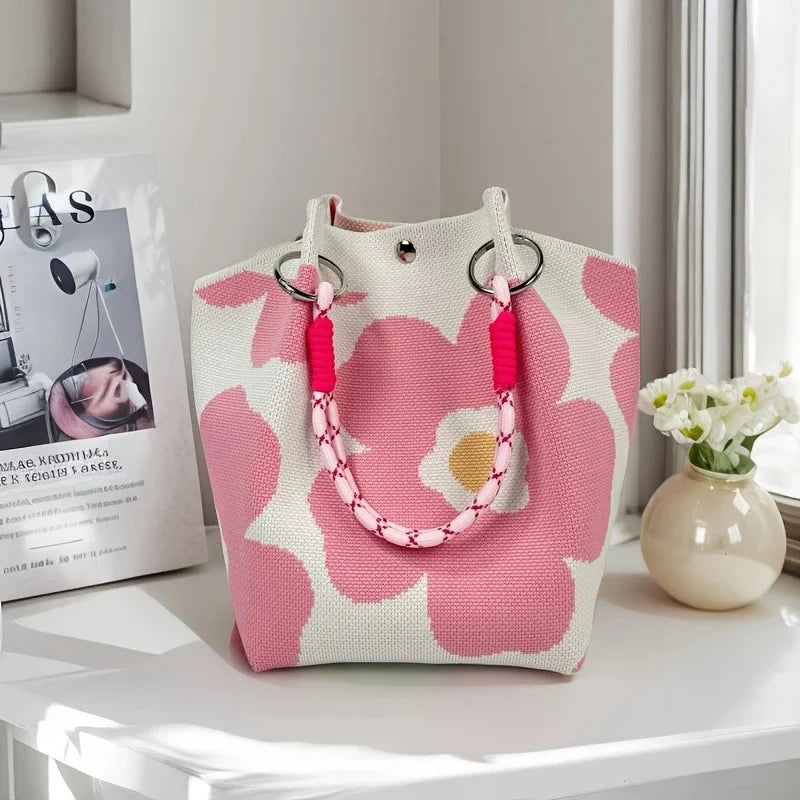 Women’s Vintage Floral Knit Tote Bag – Lightweight Shoulder Bag with Adjustable Straps & Snap Closure
