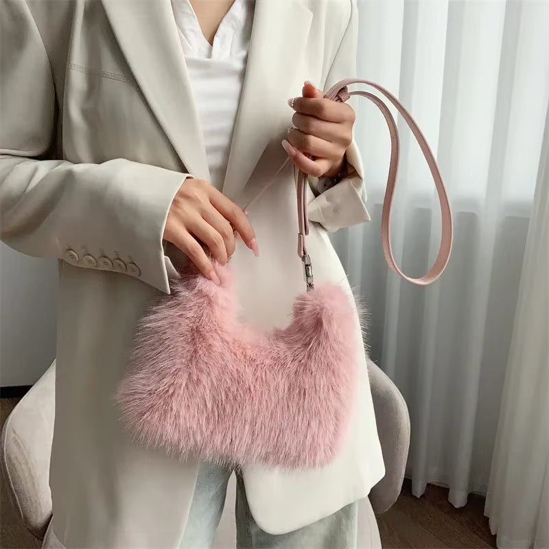 Luxury Faux Fur Shoulder Bag – Soft Plush Women’s Evening Clutch & Fluffy Crossbody Tote