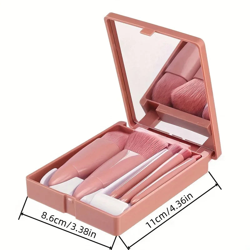5-Piece Portable Mini Makeup Brush Set with Mirror - Foldable Travel Kit