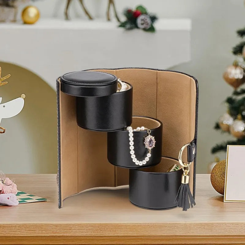 Portable Leather Jewellery Box – Cylinder Travel Case | Minimalist 3‑Layer Rotating Storage for Rings & Earrings