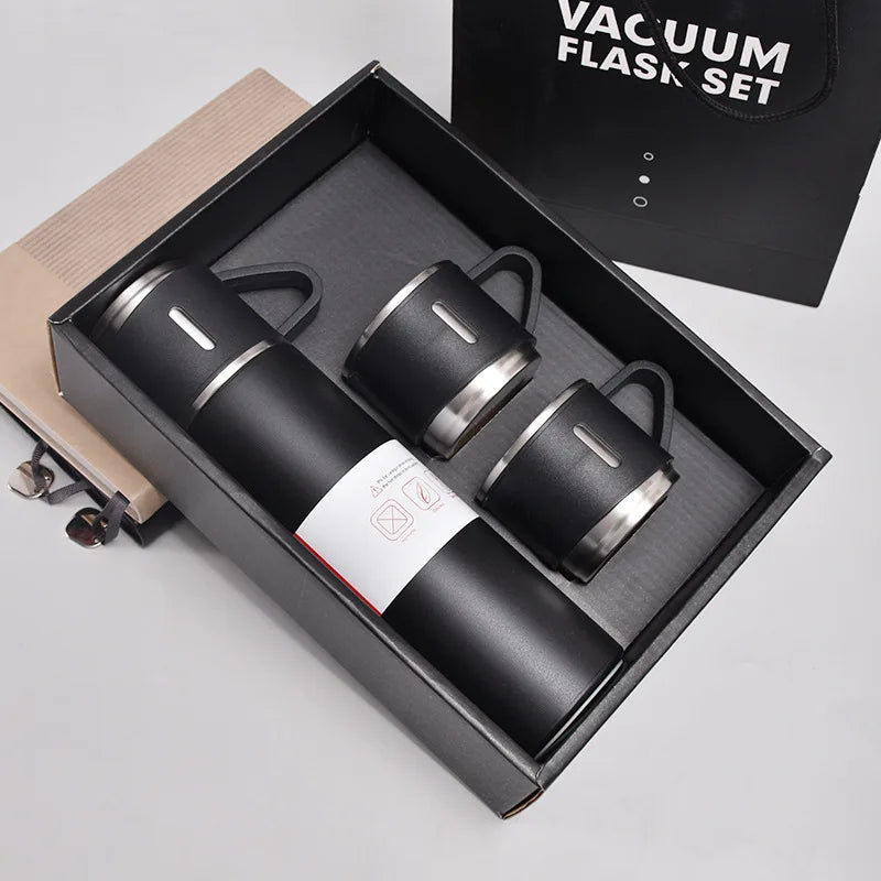 500ml stainless steel vacuum flask in black gift set with two matching cups in premium black gift box 
