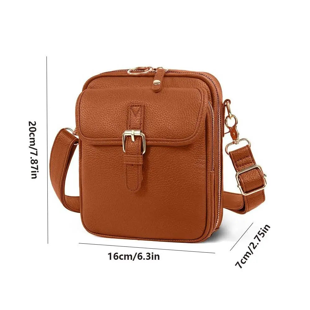 Vintage PU leather crossbody bag in light brown showing dimensions 16x7x20cm with gold-tone buckle and adjustable strap