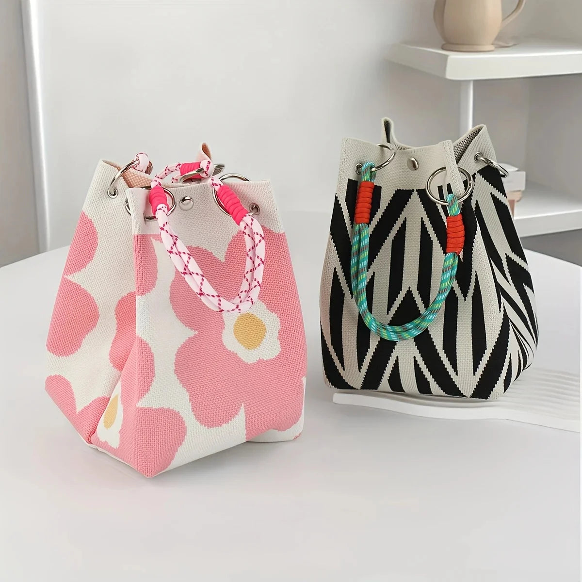 Women’s Vintage Floral Knit Tote Bag – Lightweight Shoulder Bag with Adjustable Straps & Snap Closure