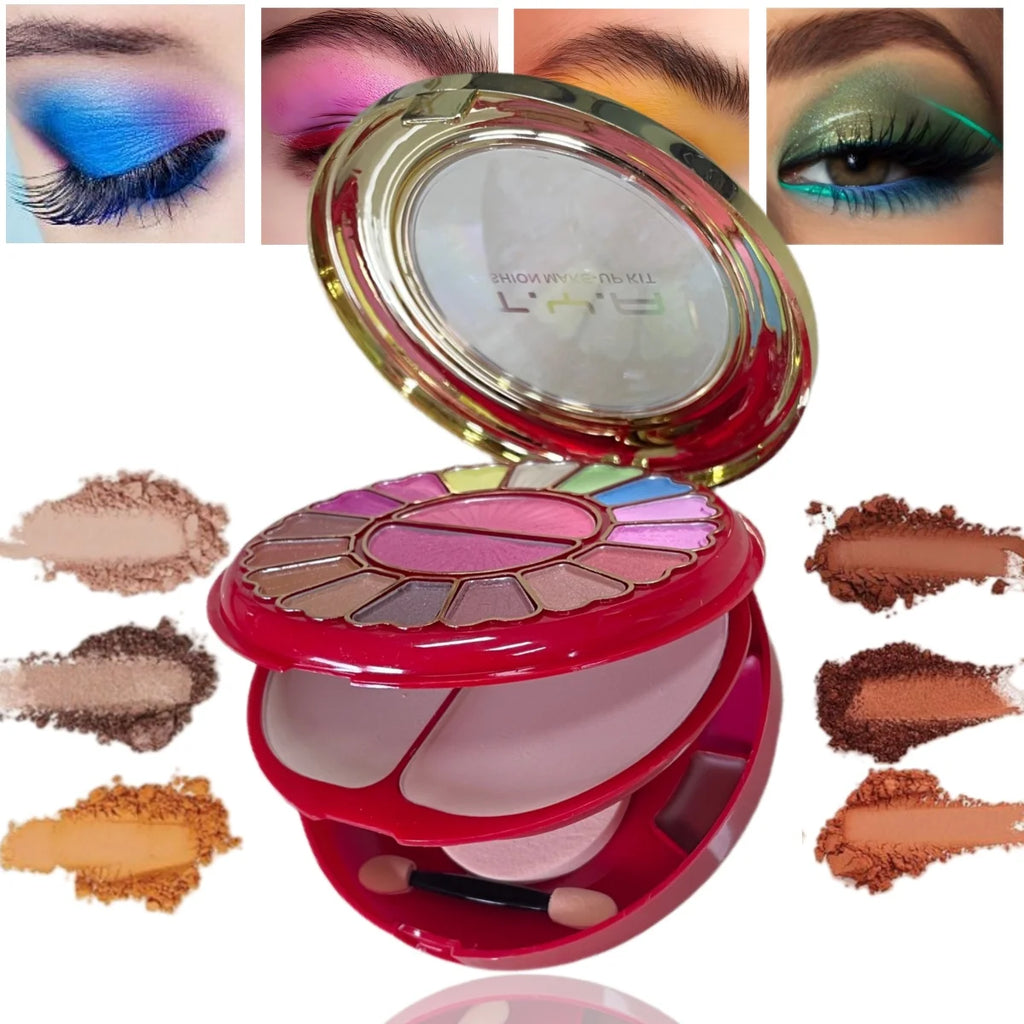 Ultimate 24-Color Makeup Palette open with colour swatches — eyeshadow, blush and highlight shades with blue, pink, green and brown pigment examples on white background