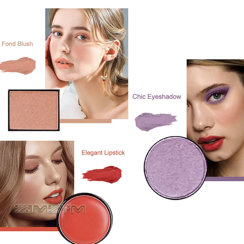 Makeup look inspiration showing blush, eyeshadow and lipstick swatches with models wearing the shades