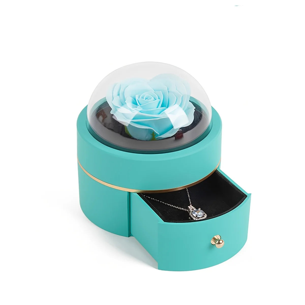 Blue round rose jewellery box with an artificial rose under a clear dome and the drawer open showing a necklace