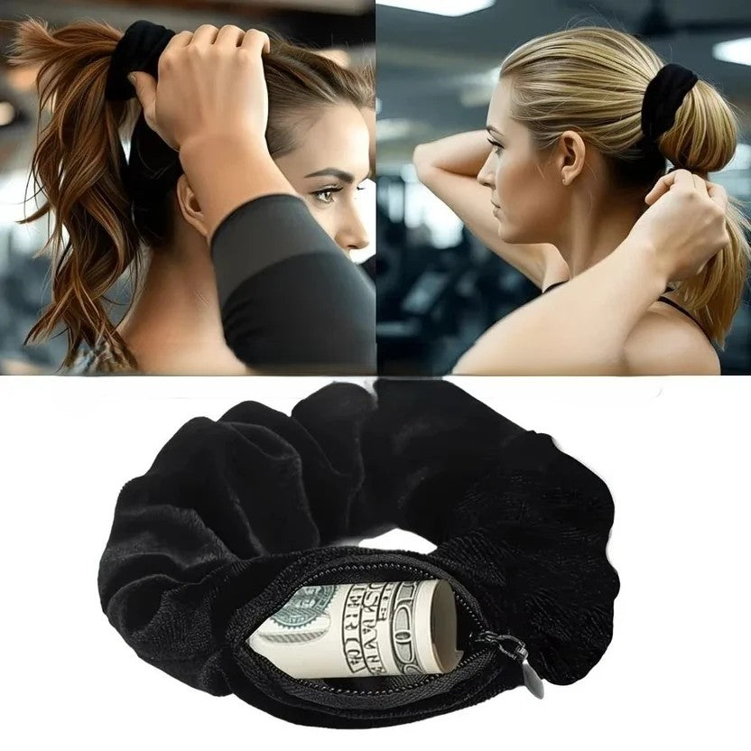 Black velvet scrunchie worn in ponytail at gym and showing hidden zipper pocket with cash