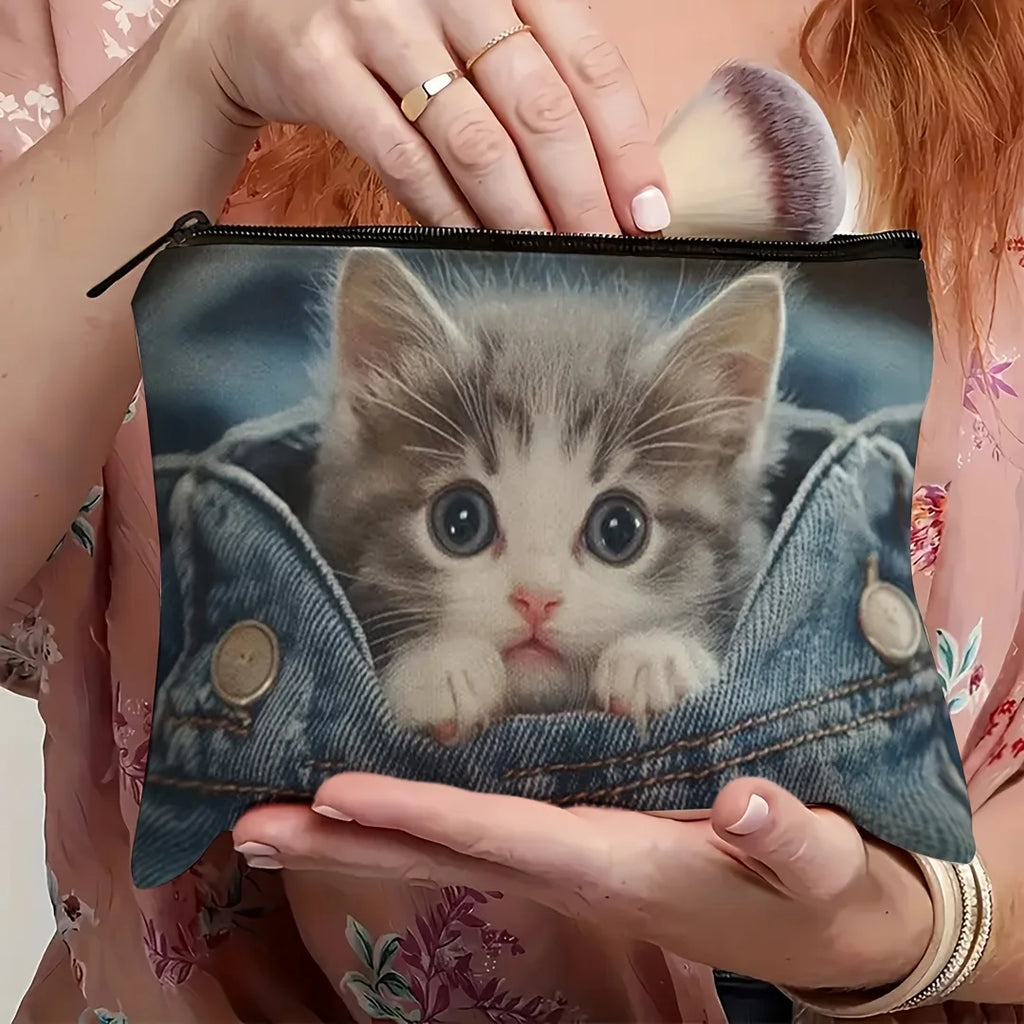 Mini Cat Themed Makeup Bag - Cute Multifunctional Cosmetic & Jewellery Organizer Pouch