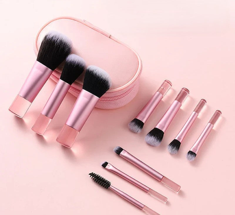 Pink Brush and Bag Set: 10-piece pink mini makeup brush set with matching oval zip carry bag