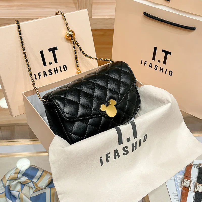 Mini Golden Ball Chain Bag - Leather Crossbody Square Purse with Mickey Detail