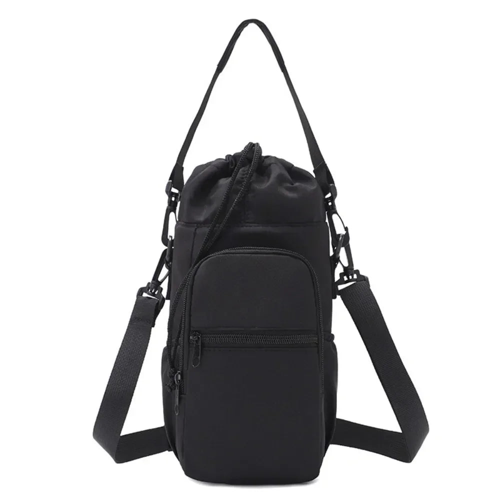 Insulated water bottle bag in black with adjustable crossbody strap and front zip phone pocket