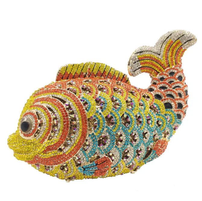 Fish Rhinestone Evening Clutch – Gold Crystal Minaudière Wedding & Party Handbag