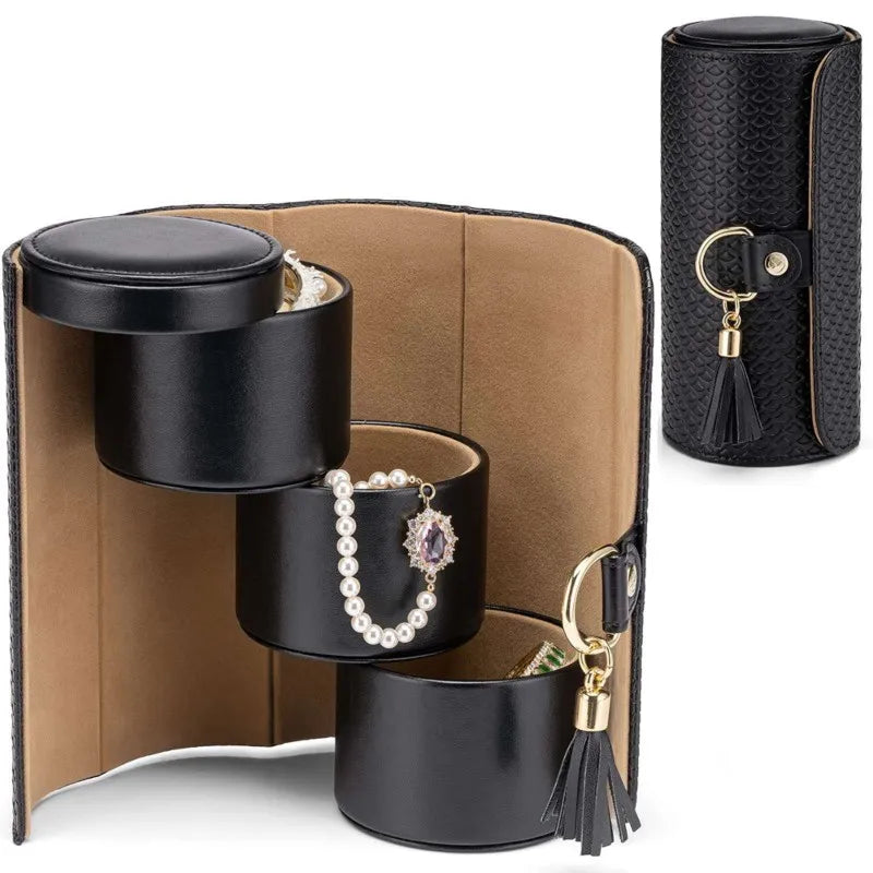 Portable Leather Jewellery Box – Cylinder Travel Case | Minimalist 3‑Layer Rotating Storage for Rings & Earrings