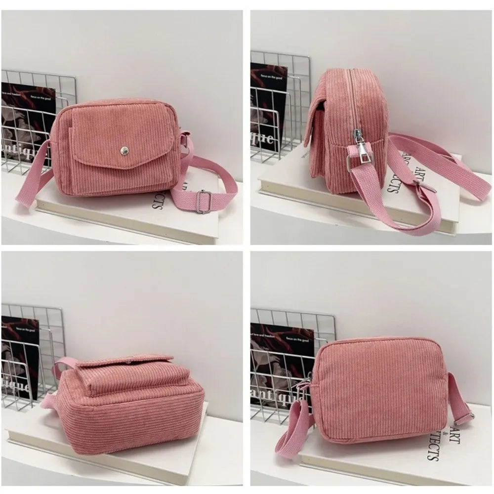 Corduroy Striped Crossbody Bag – Soft Casual Shoulder Bag with Adjustable Strap (Women’s Square Bag)