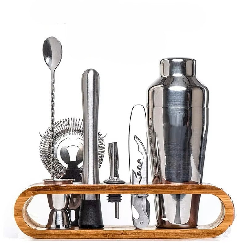 MiniSolutions 10-piece bartender kit in silver finish displayed on bamboo stand against white background