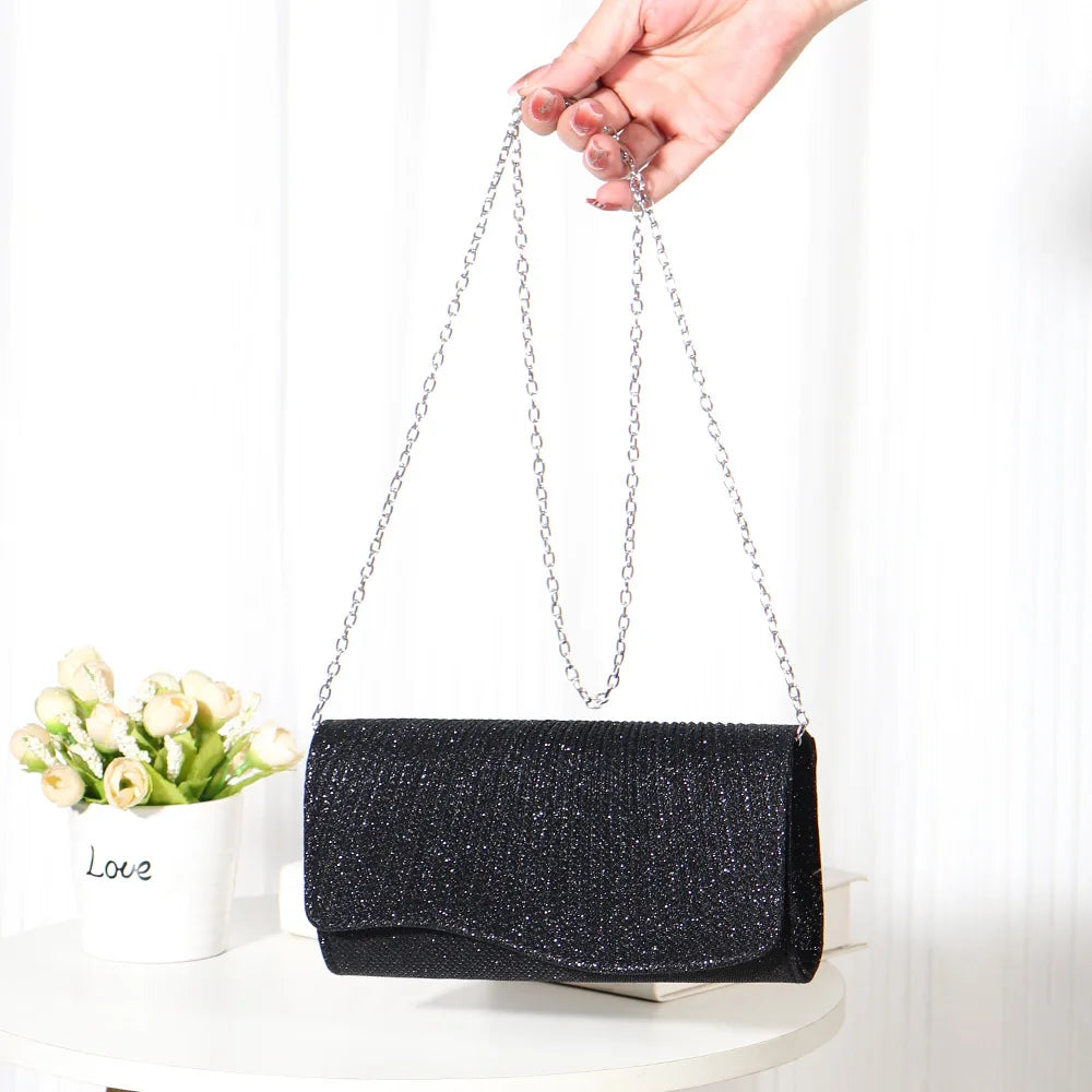 Glitter Fold Handbag – Shiny Envelope Evening Clutch with Chain