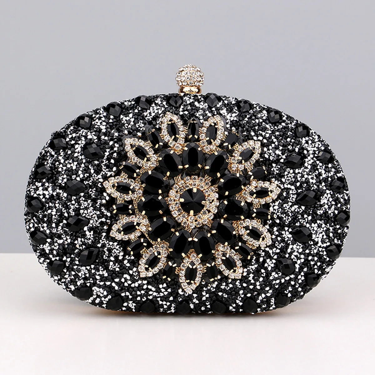 Flower Rhinestone Oval Clutch Purse – Sparkling Acrylic Evening Bag with Detachable Chain