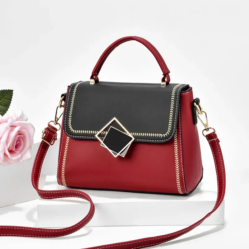 Red and black colour block PU leather shoulder bag variant