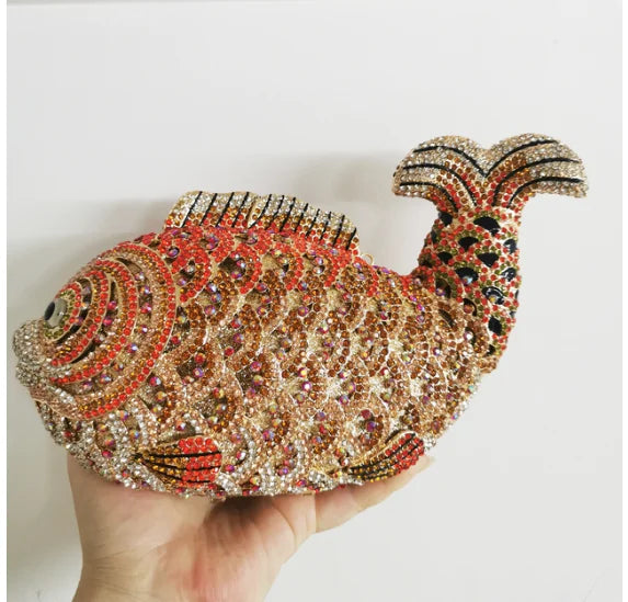 Fish Rhinestone Evening Clutch – Gold Crystal Minaudière Wedding & Party Handbag