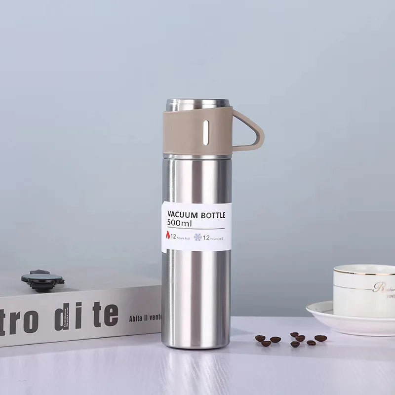 500ml stainless steel vacuum flask in Silver with cup lid showing vacuum bottle label