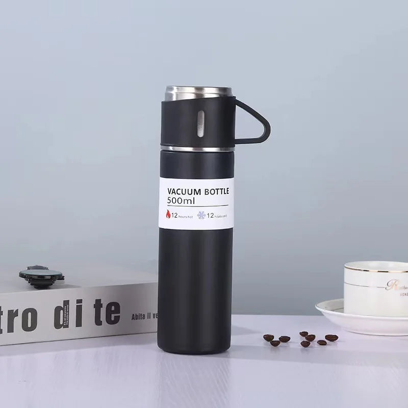 500ml stainless steel vacuum flask in Black with cup lid showing vacuum bottle label