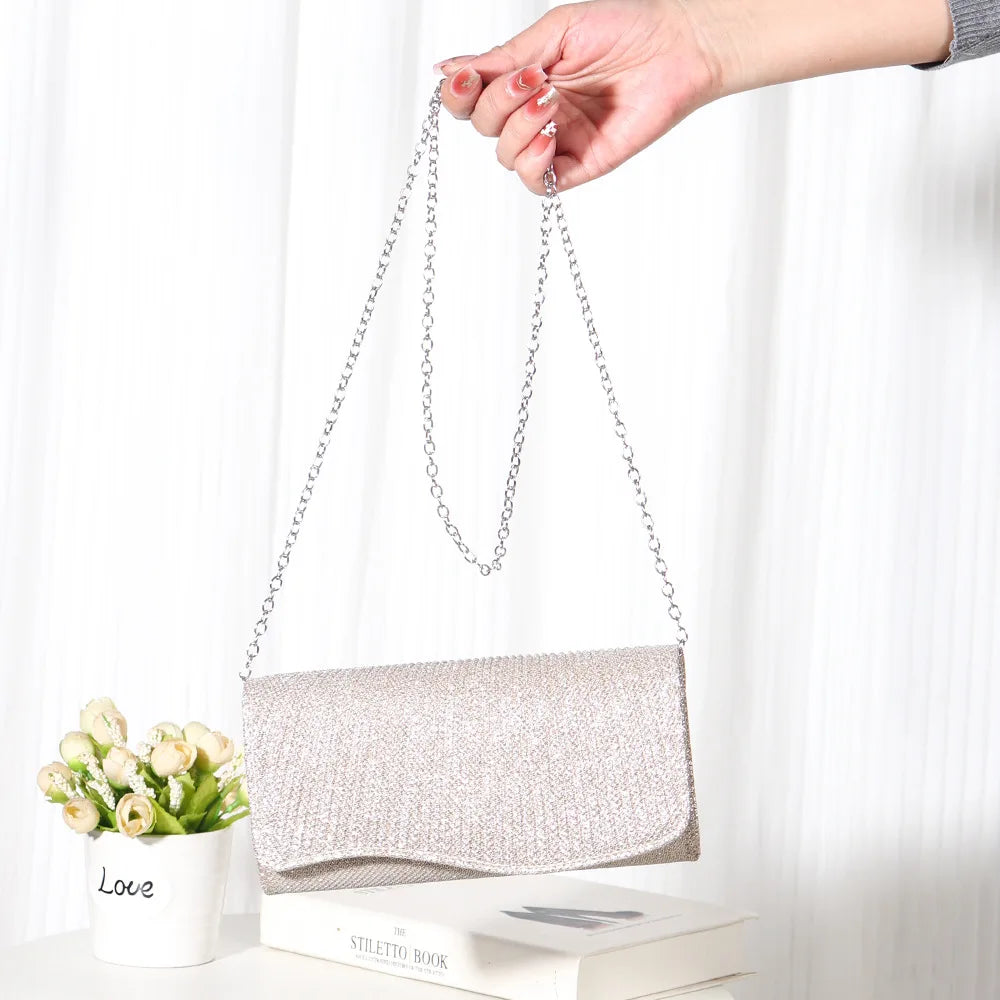 Glitter Fold Handbag – Shiny Envelope Evening Clutch with Chain