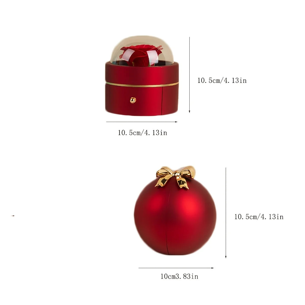 Size guide showing the round rose jewellery box at 10.5 by 10.5 cm and the ball-style box at 10.5 by 10 cm
