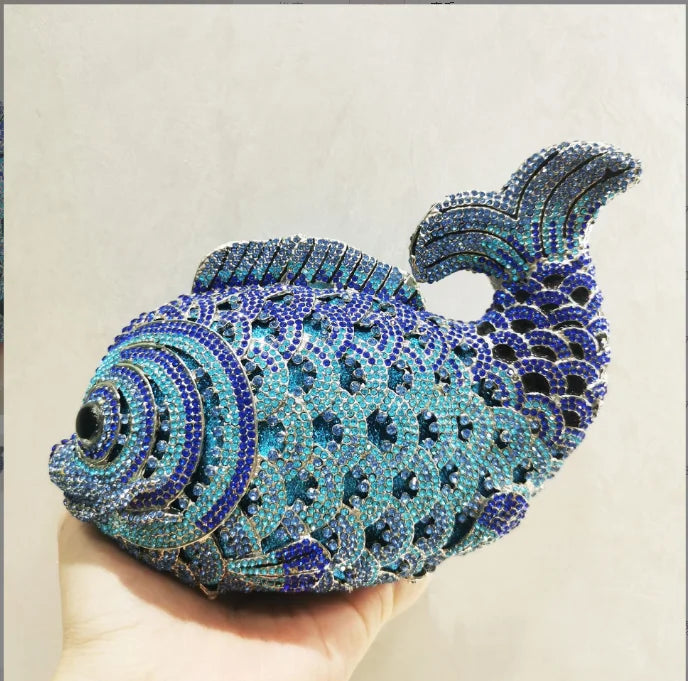 Fish Rhinestone Evening Clutch – Gold Crystal Minaudière Wedding & Party Handbag