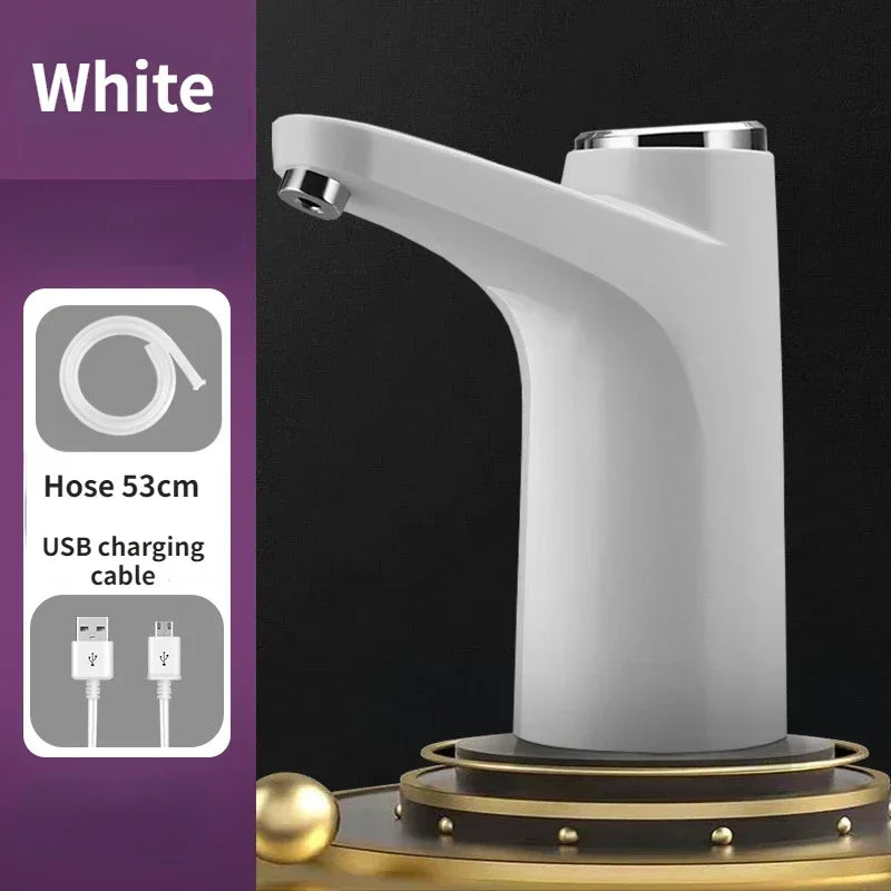 White electric water pump with a 53 cm hose and USB charging cable