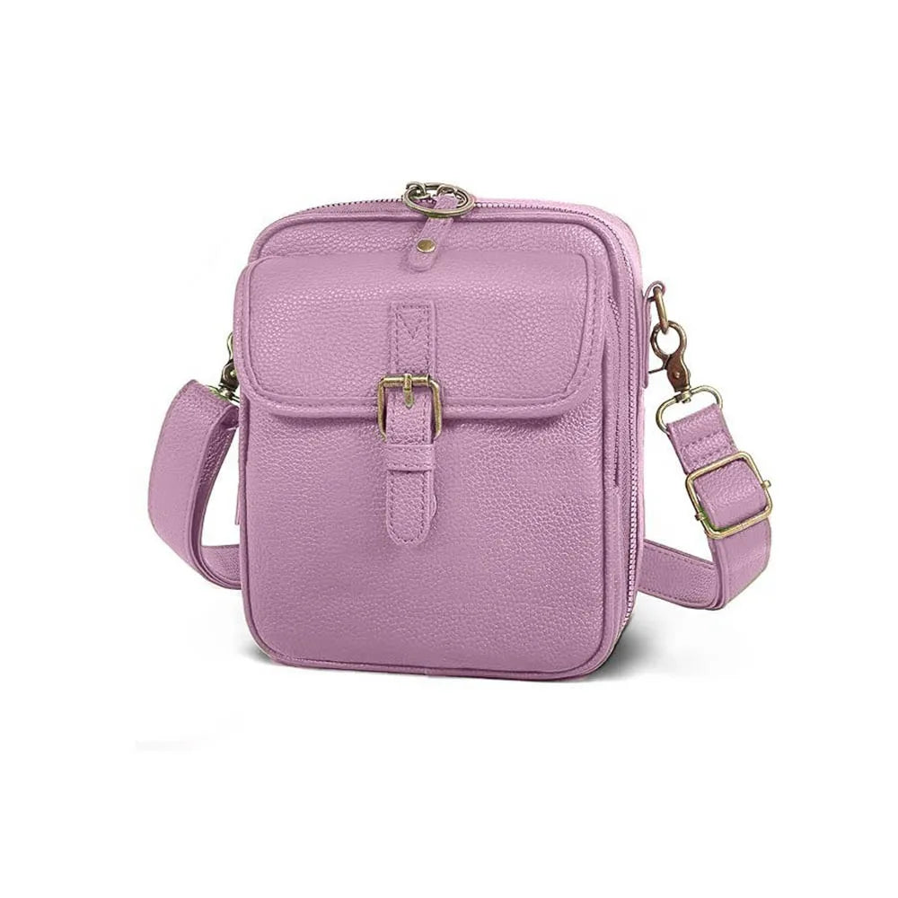 Vintage PU leather crossbody bag in purple with gold-tone buckle front pocket and adjustable crossbody strap