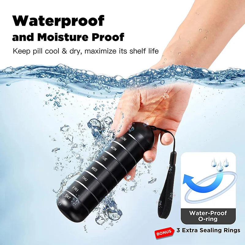 Metal Portable Medicine Box – 7‑Day Aluminium Alloy Waterproof Pill Holder with strap