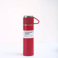 500ml stainless steel vacuum flask in red with cup lid showing vacuum bottle label