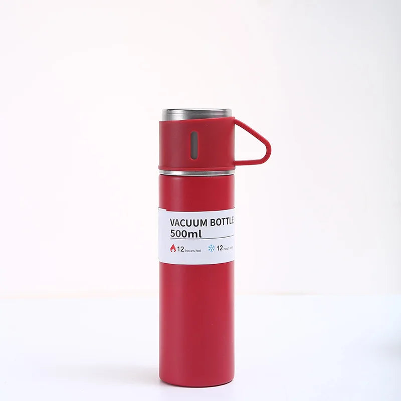 500ml stainless steel vacuum flask in red with cup lid showing vacuum bottle label