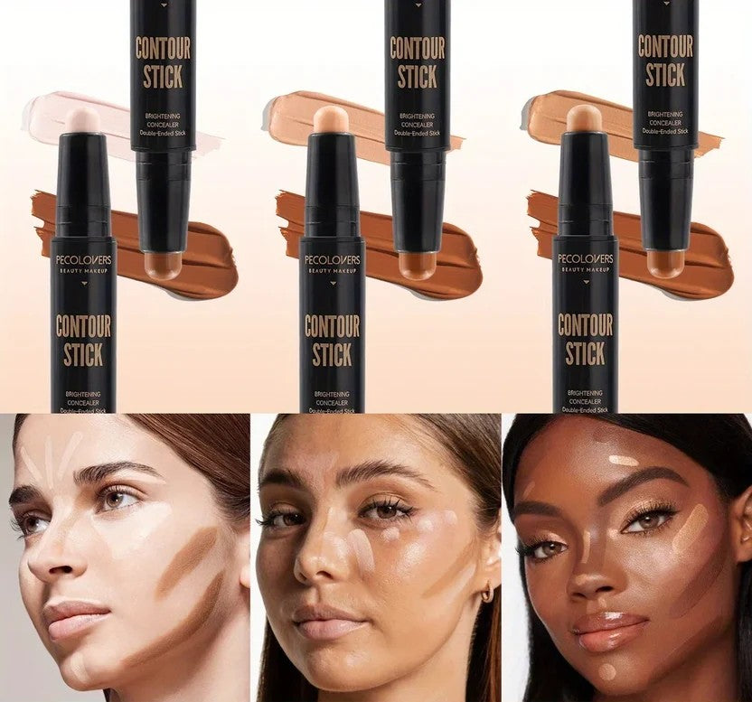 Double-ended contour and highlight stick shades 01, 02, and 03 shown on fair, medium, and deep skin tones