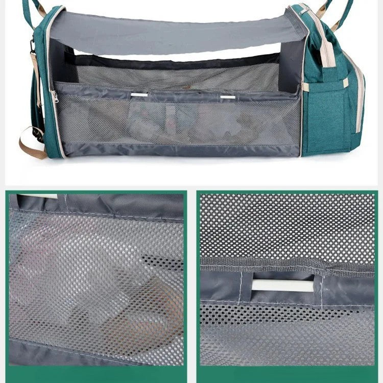 2-in-1 Nappy Bag Backpack with Fold-Out Baby Bed and USB Port