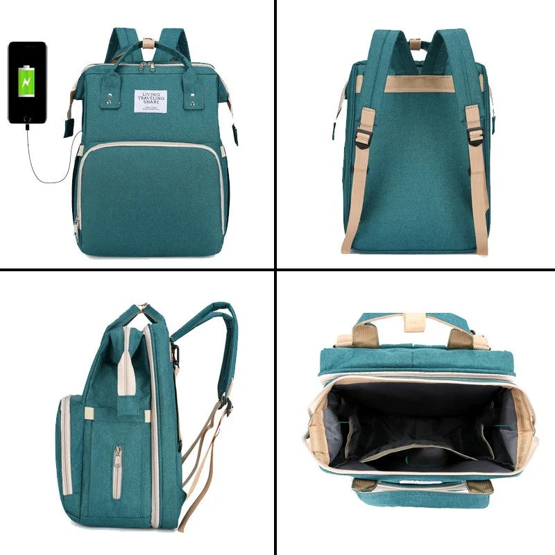 2-in-1 Nappy Bag Backpack with Fold-Out Baby Bed and USB Port