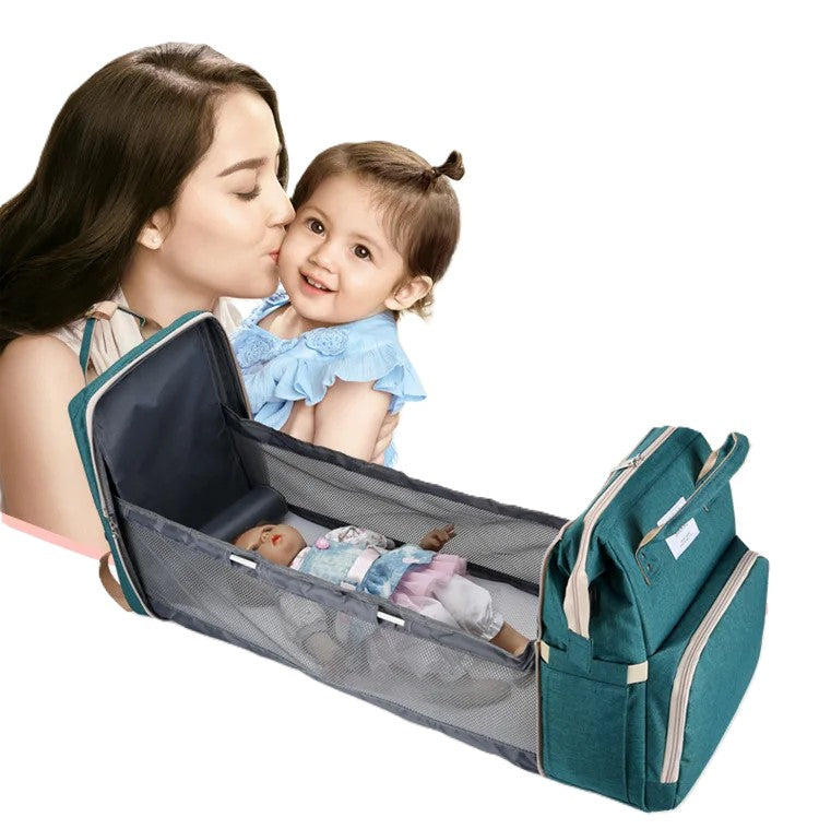 2-in-1 Nappy Bag Backpack with Fold-Out Baby Bed and USB Port