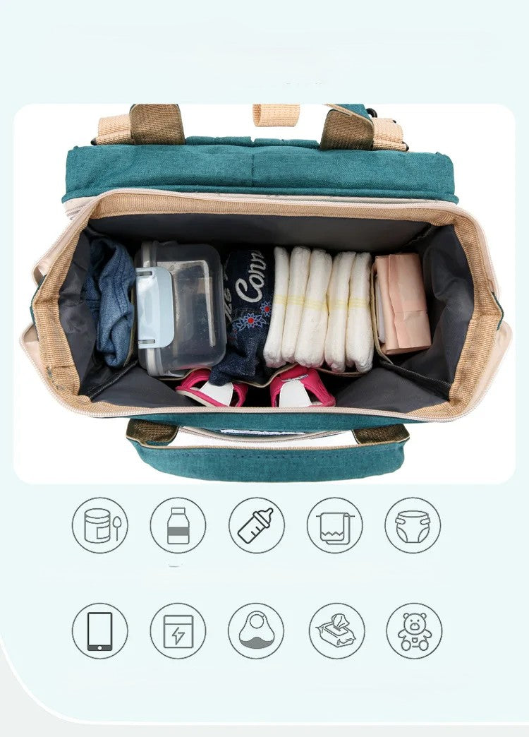 2-in-1 Nappy Bag Backpack with Fold-Out Baby Bed and USB Port