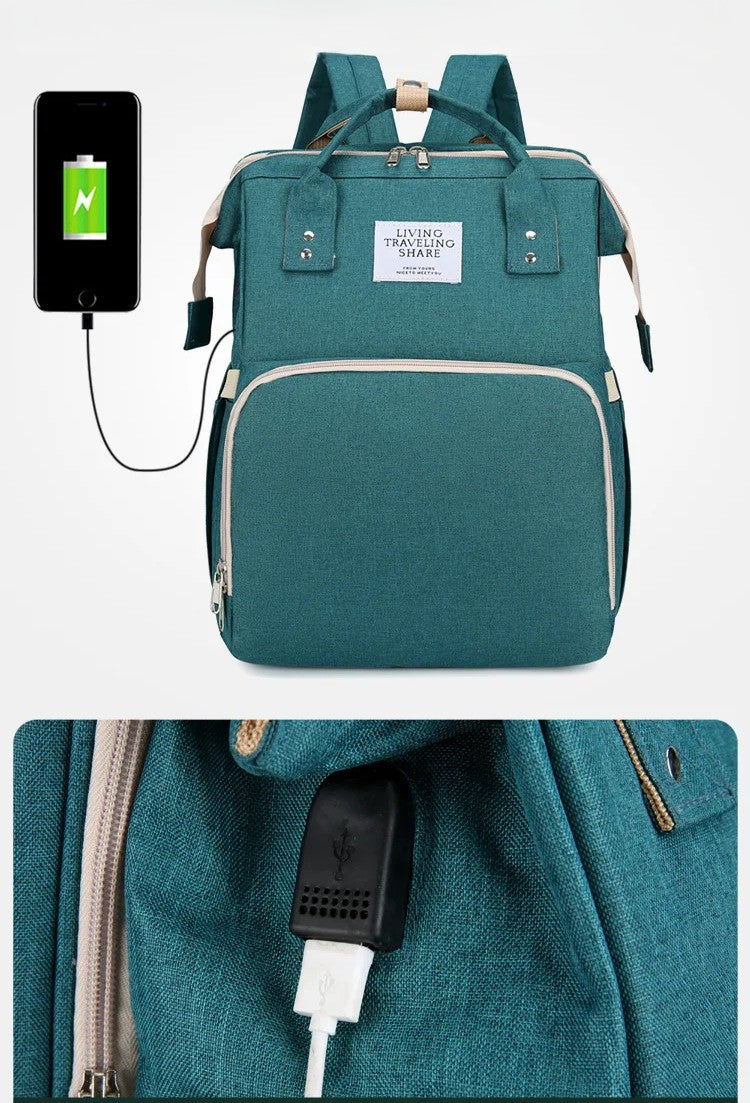 2-in-1 Nappy Bag Backpack with Fold-Out Baby Bed and USB Port