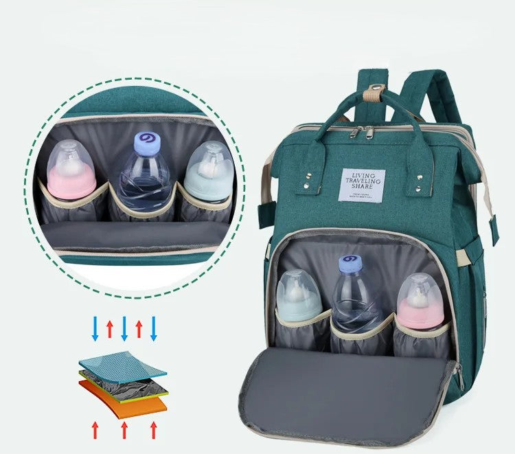 2-in-1 Nappy Bag Backpack with Fold-Out Baby Bed and USB Port