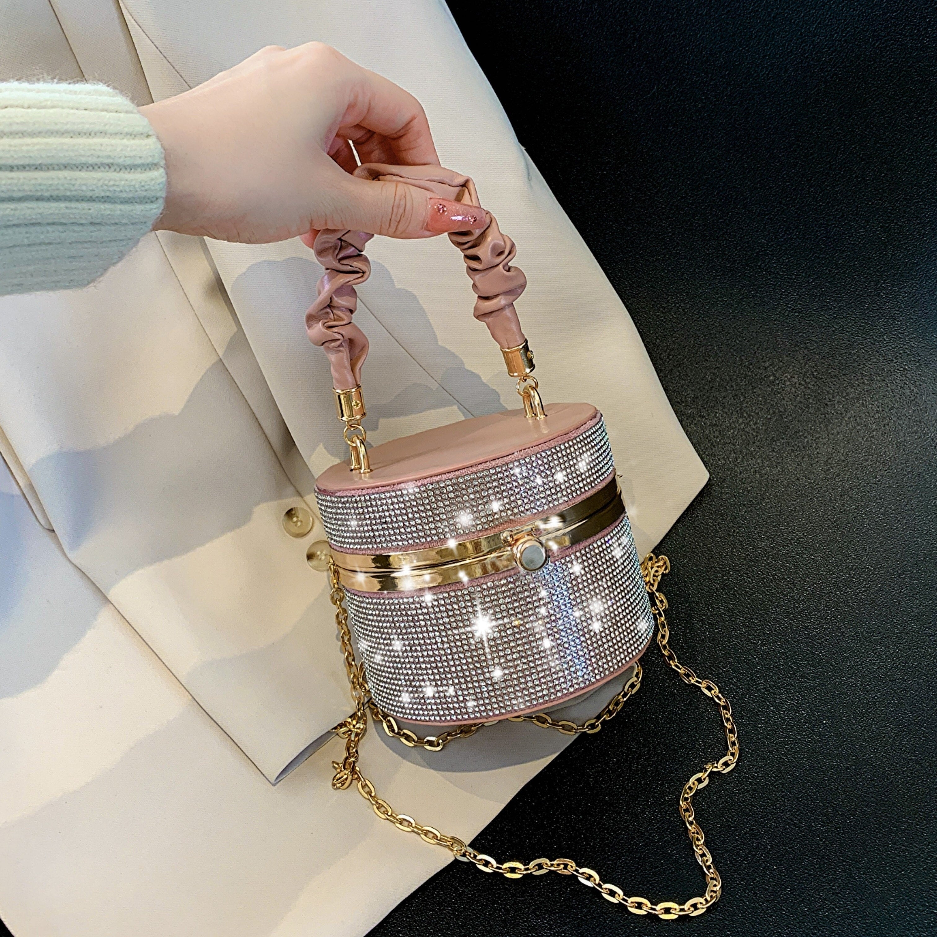 Mini Rhinestone Evening Bag - Ruched Bucket Purse with Chain Strap