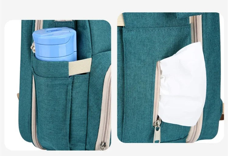 2-in-1 Nappy Bag Backpack with Fold-Out Baby Bed and USB Port