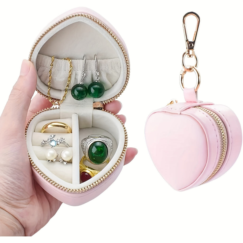 Heart‑Shaped Mini Jewellery Box Keychain – Luxury Portable PU Organizer for Rings & Earrings