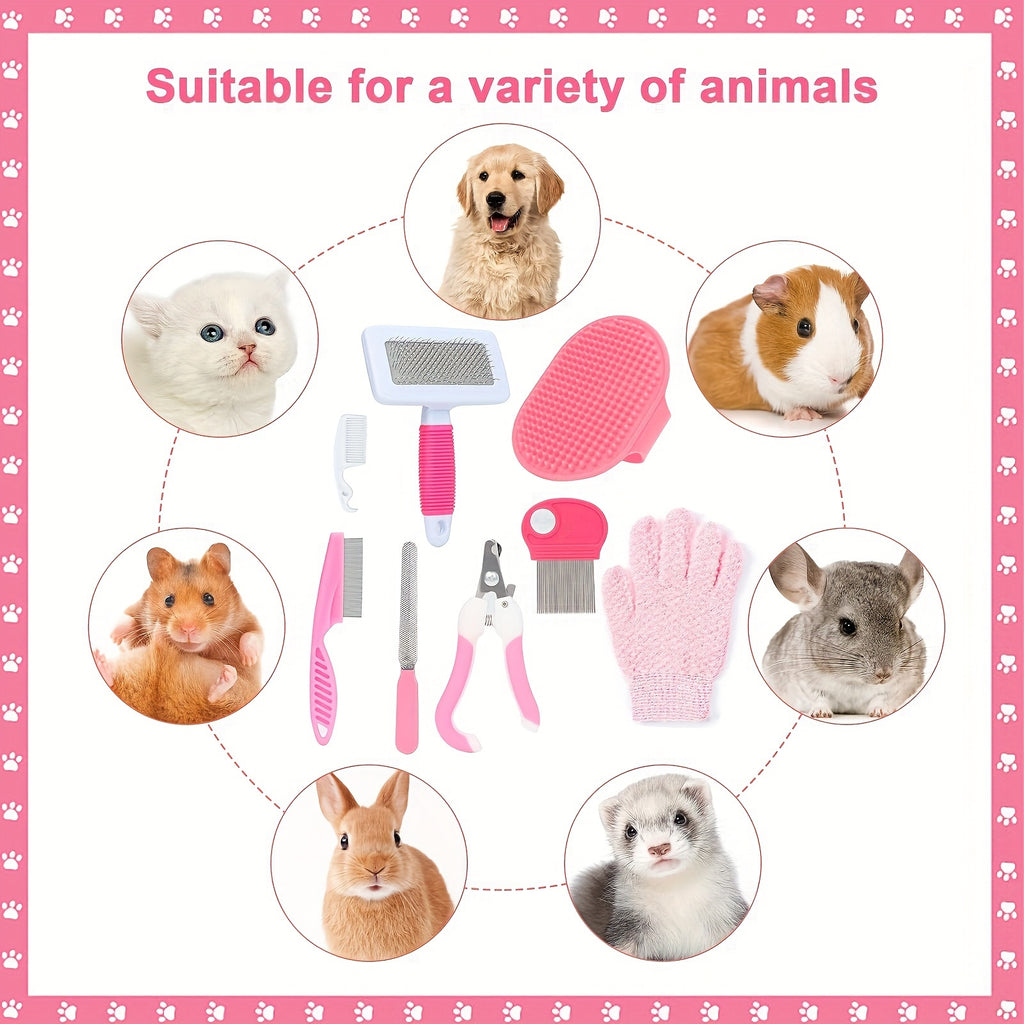 Mini Pet Grooming Kit - 8-Piece Pet Care Set with Nail Clippers & Bath Brush