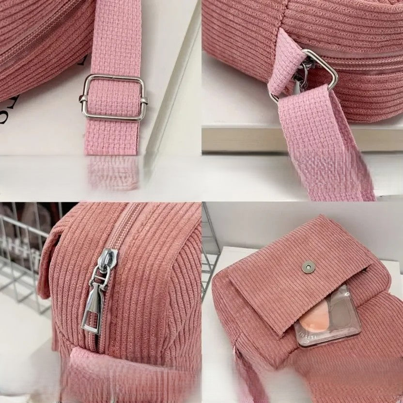 A pink corduroy bag shown in a four-panel collage, highlighting its adjustable strap, zipper closure, flap pocket with snap button, and a clear front slip pocket.
