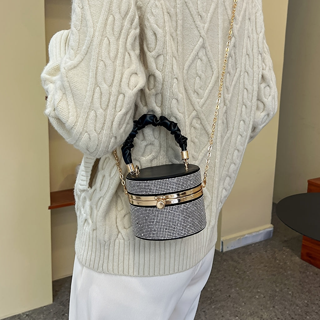 Mini Rhinestone Evening Bag - Ruched Bucket Purse with Chain Strap