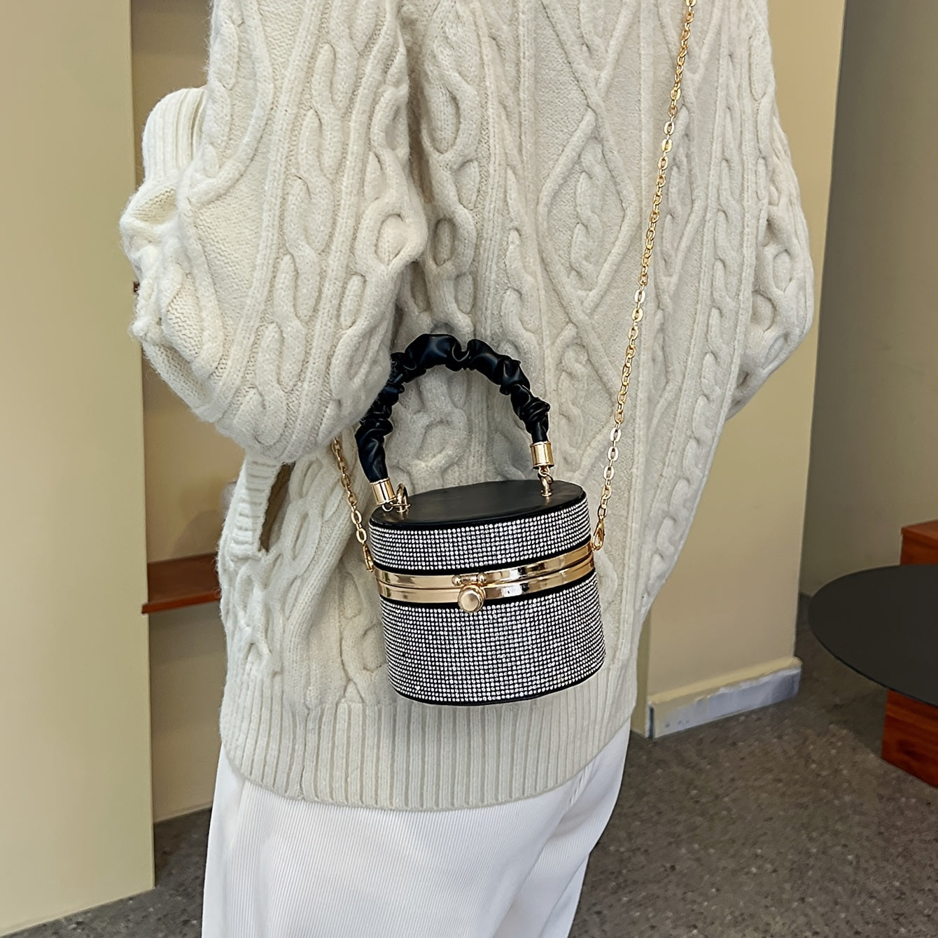 Mini Rhinestone Evening Bag - Ruched Bucket Purse with Chain Strap