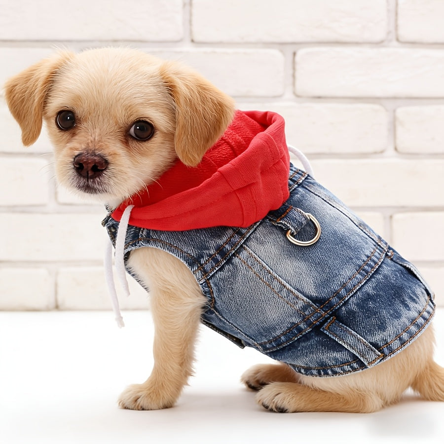 Mini Hooded Vest for Dogs & Cats – Faux Denim Button-Front Jacket