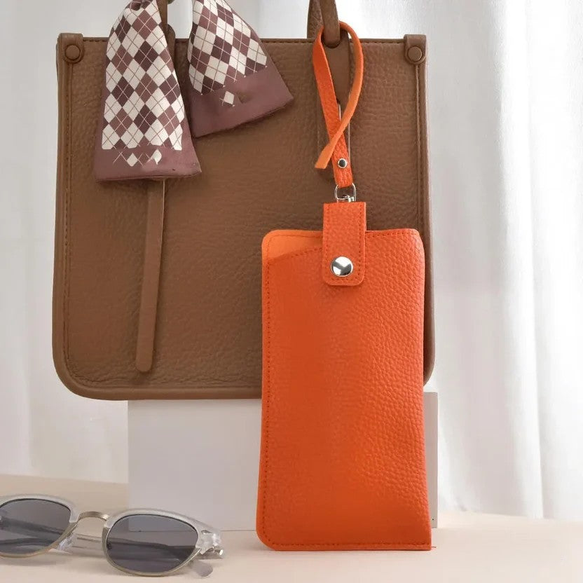 MiniSolutions rectangle PU leather glasses case in orange with metal snap closure and wrist strap