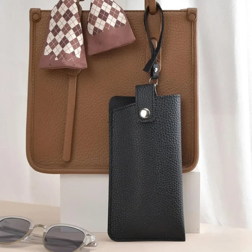 MiniSolutions rectangle PU leather glasses case in black with metal snap closure and wrist strap